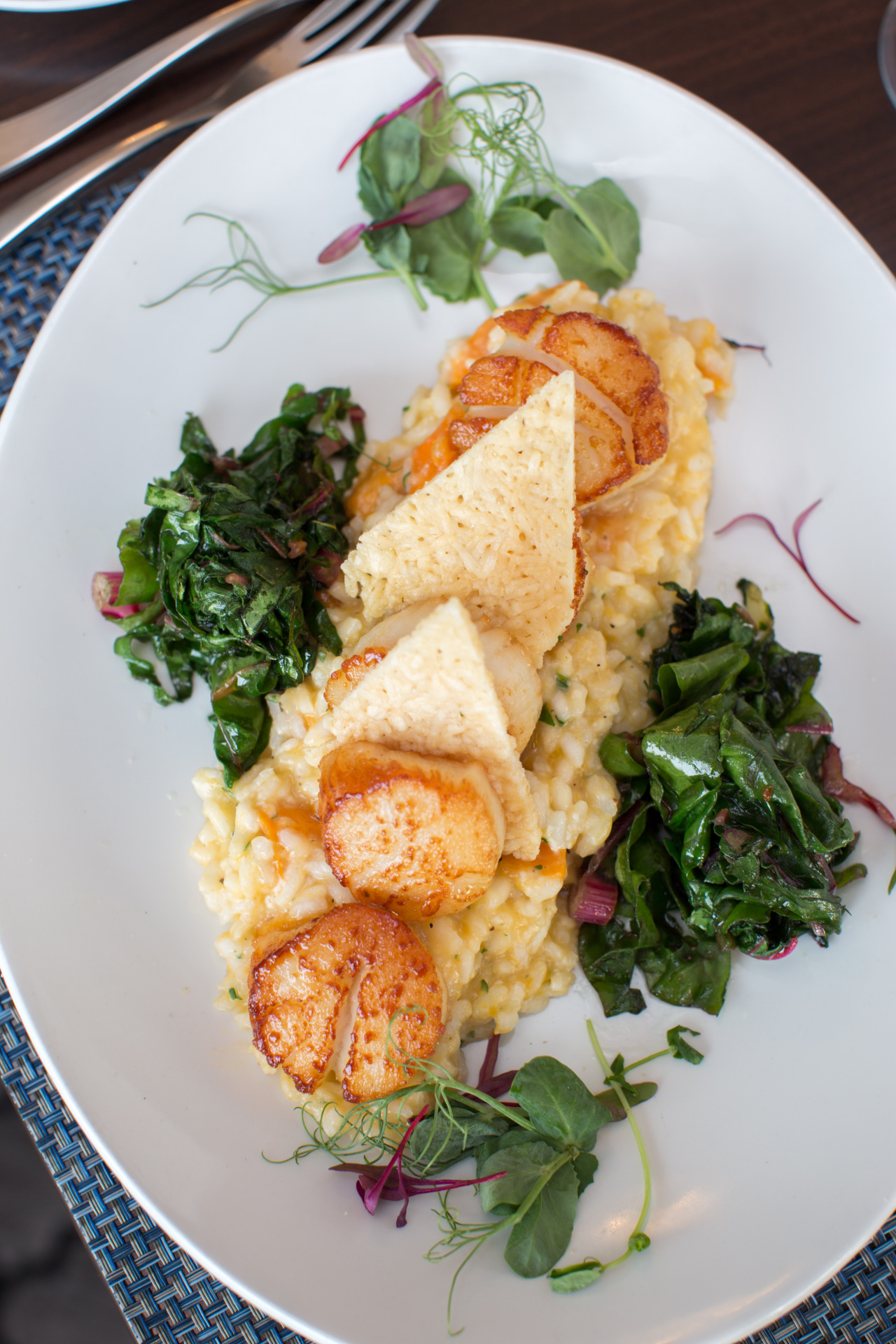 Seared-Scallops-Risotto-Greens-Garnish-Dish-Vesper-Country-Club